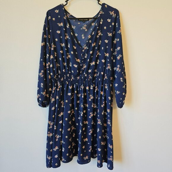 Always Indigo Navy Floral Long Sleeve Button-Down Dress 2X Whimsey print - Picture 1 of 7